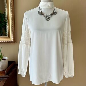 Tibi White Silk Mock Neck Long Sleeve Blouse Smocked Detailing S / XS